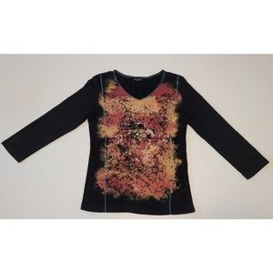 Skinny Minnie Women's Stretch Black Rust Beaded Floral Top Shirt Long Sleeve Art